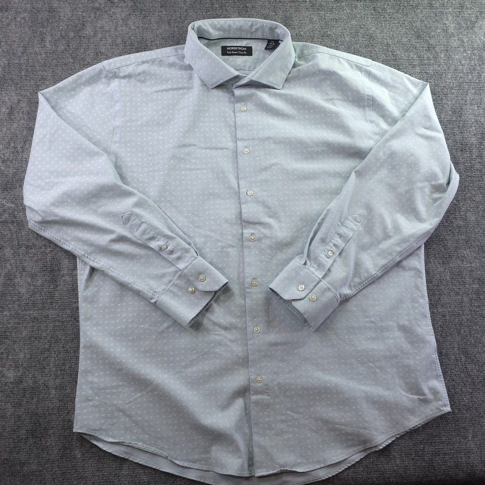 Nordstrom Tech Smart Dress Shirt‎ 17.5 34/35 Blue Geometric Point Collar Coolmax